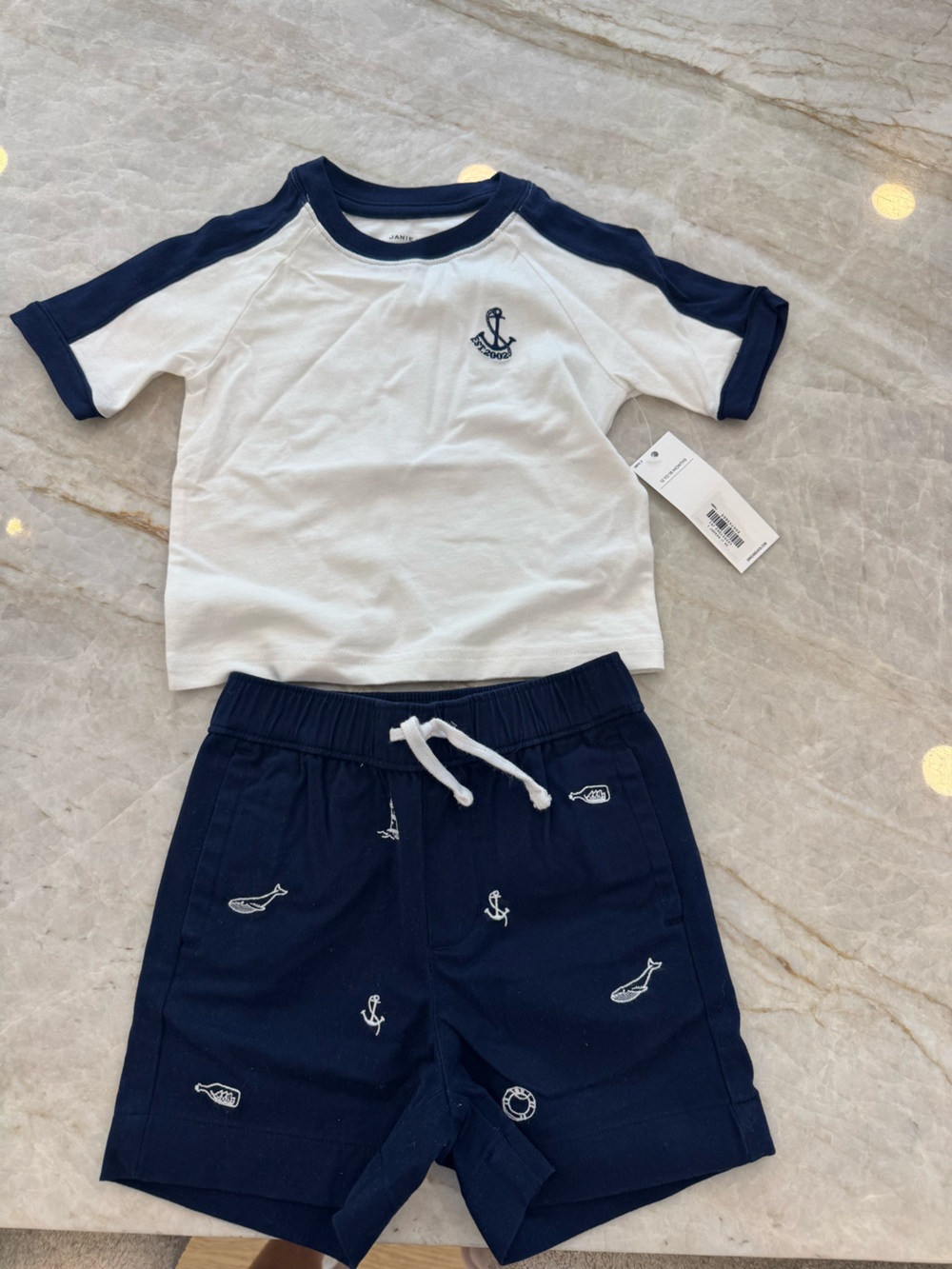 Janie and Jack White & Navy Nautical Tee and Embroidered Shorts Set